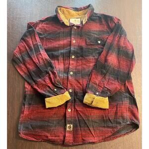 Legendary Whitetails Buck Camp Plaid Flannel Shirt MD Red Black Corduroy Trim